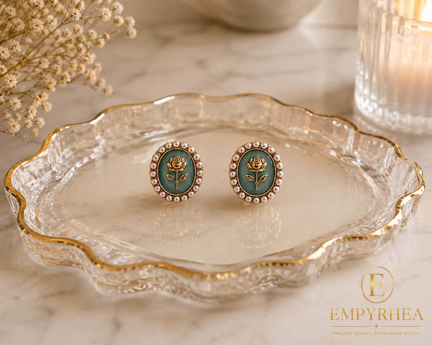 Emerald Rose Pearl Stud Earrings